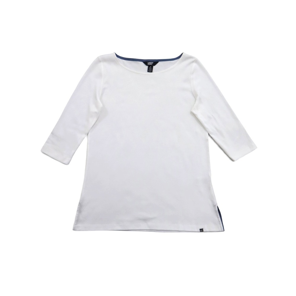 Lands End Womens White Pima Cotton Elbow Sleeve Boat Neck Top Size S